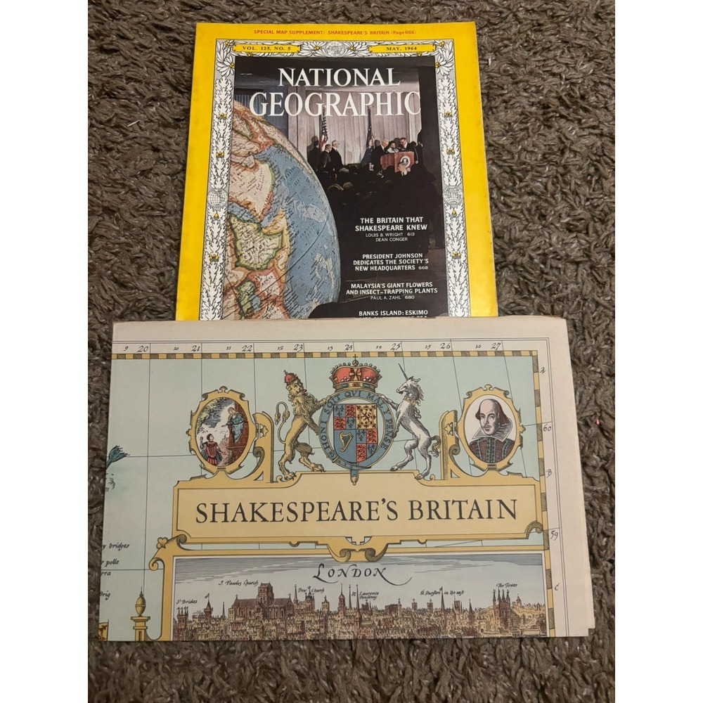 Vtg. SHAKESPEARE'S BRITAIN WALL MAP & Magazine National Geographic May 1964